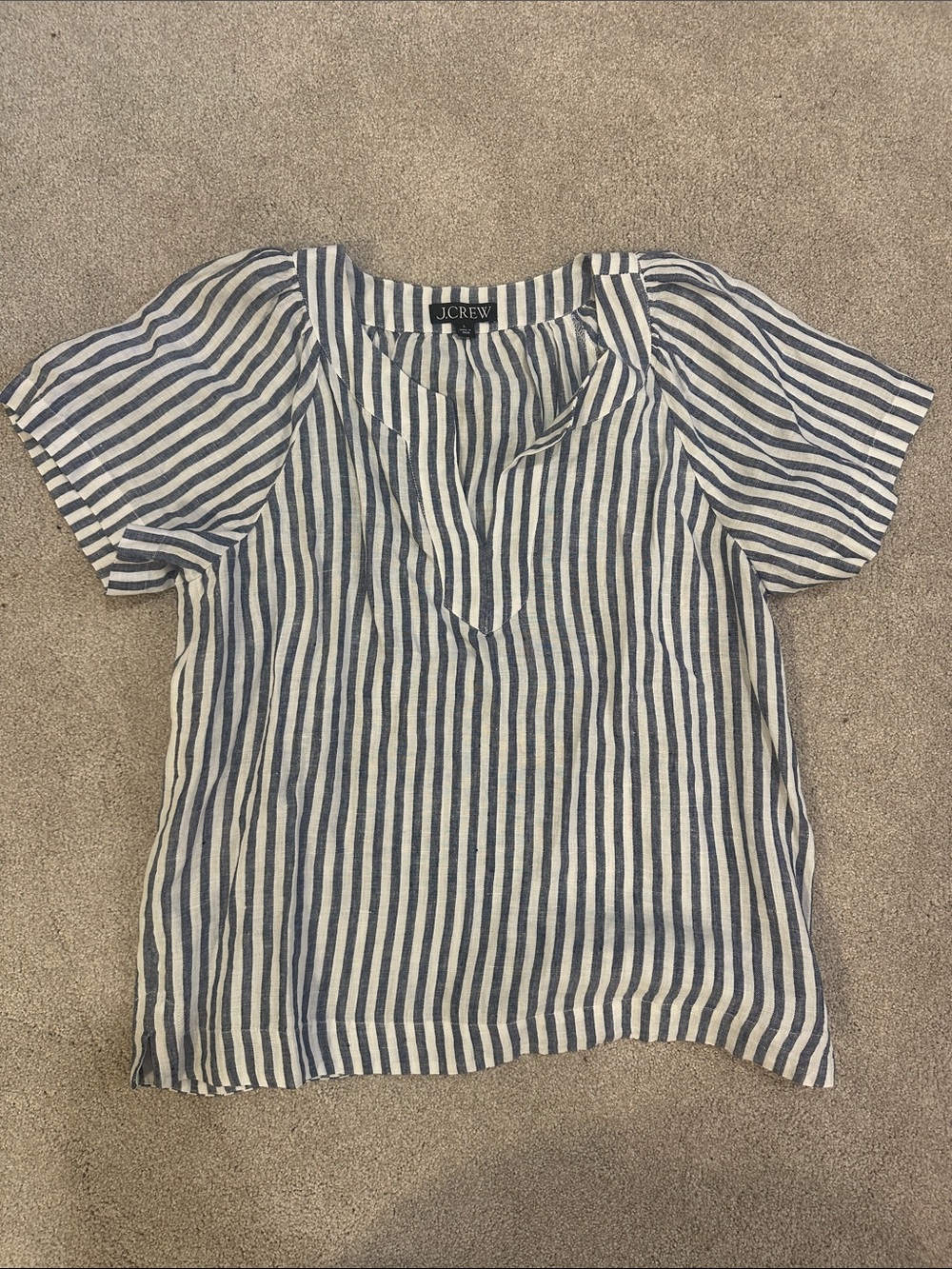 J. Crew Navy and White Linen Blend Vertical Stripe Short-Sleeve Top